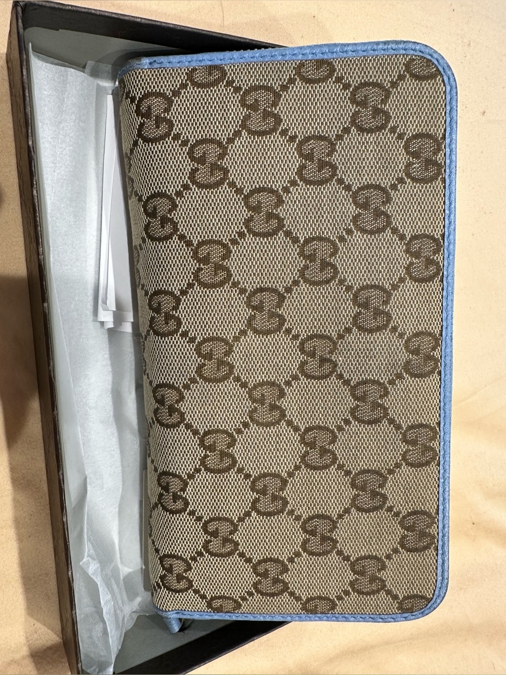 Gucci Monogram Canvas Wallet - Beige with Light Blue Trim